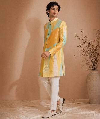 Yellow blue embroidered muslin sherwani 5