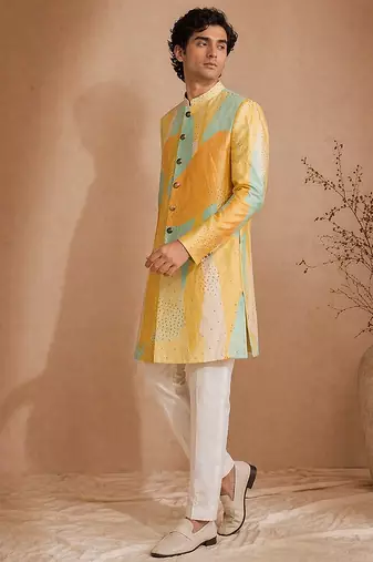 Yellow blue embroidered muslin sherwani
