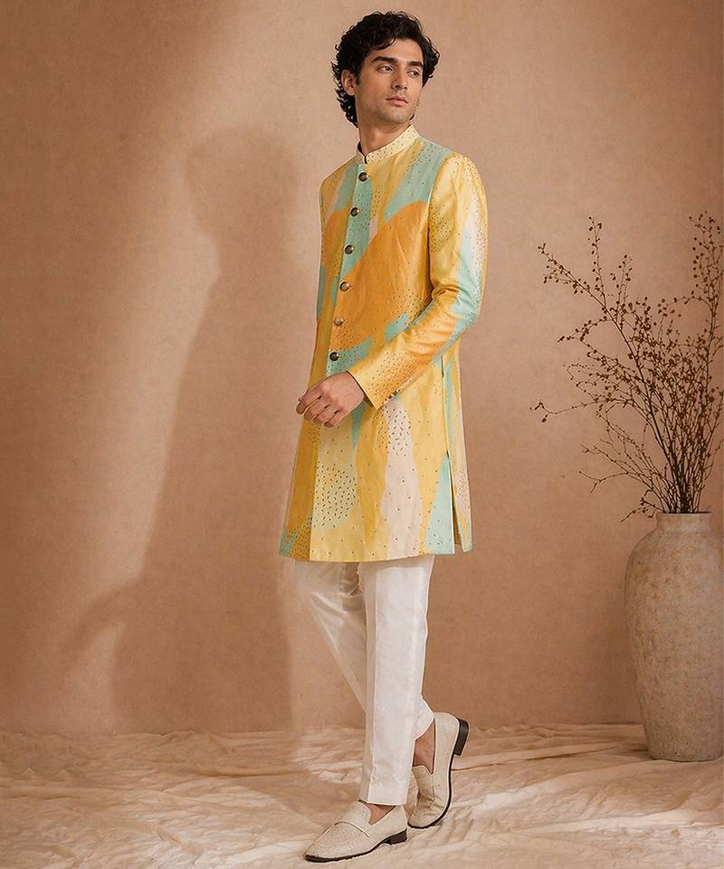 Yellow blue embroidered muslin sherwani