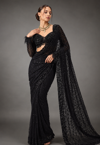 Black Color Sequins And Embroidery work Georgette Saree