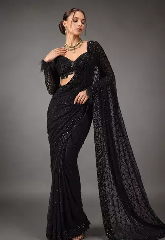 Black Color Sequins And Embroidery work Georgette Saree