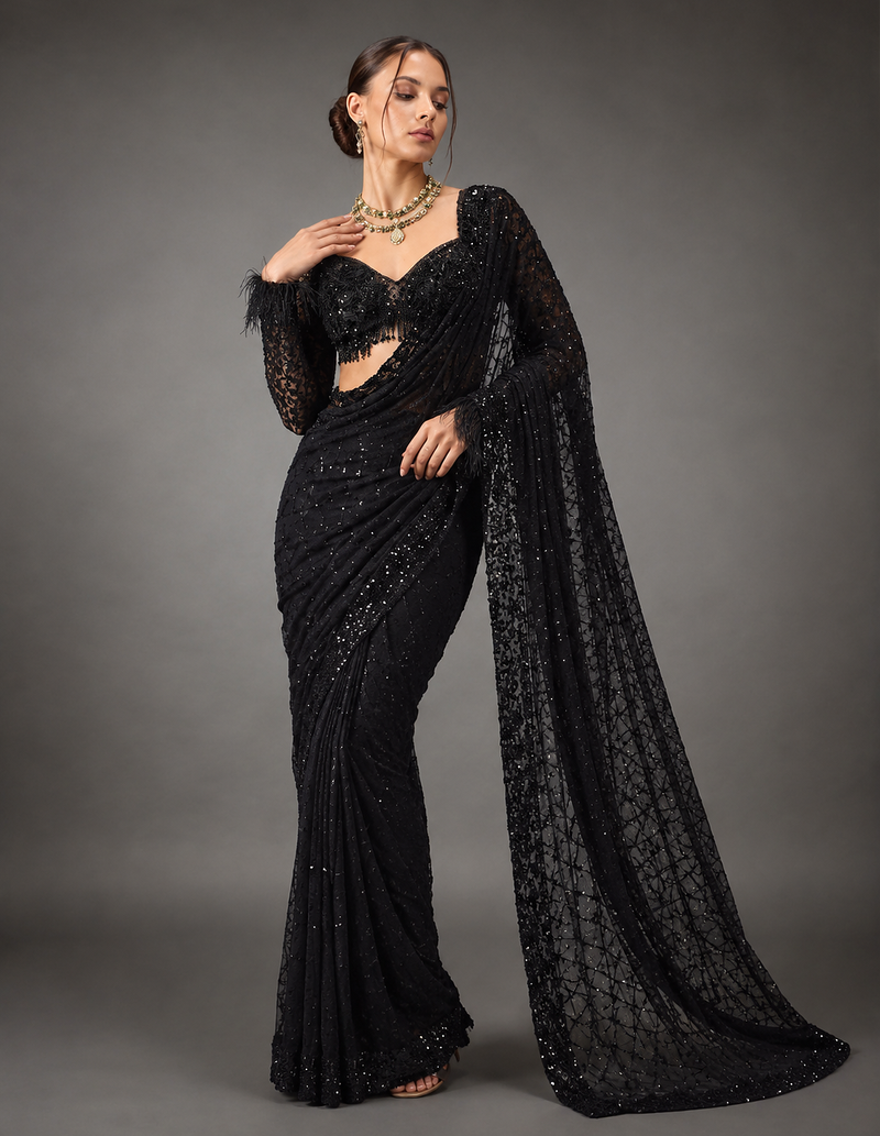 Black Color Sequins And Embroidery work Georgette Saree