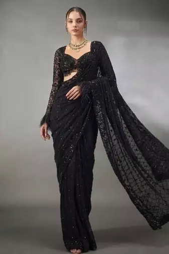 Black Color Sequins And Embroidery work Georgette Saree