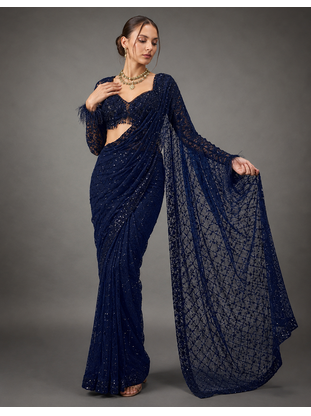 Neavy Blue Color Sequins And Embroidery work Georgette Saree 1