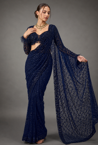 Neavy Blue Color Sequins And Embroidery work Georgette Saree