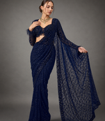 Neavy Blue Color Sequins And Embroidery work Georgette Saree