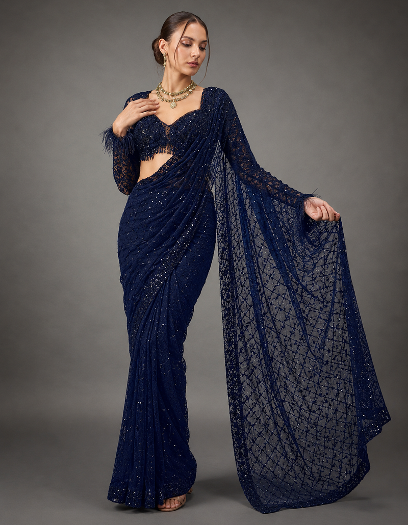 Neavy Blue Color Sequins And Embroidery work Georgette Saree