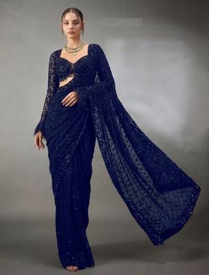 Neavy Blue Color Sequins And Embroidery work Georgette Saree 2