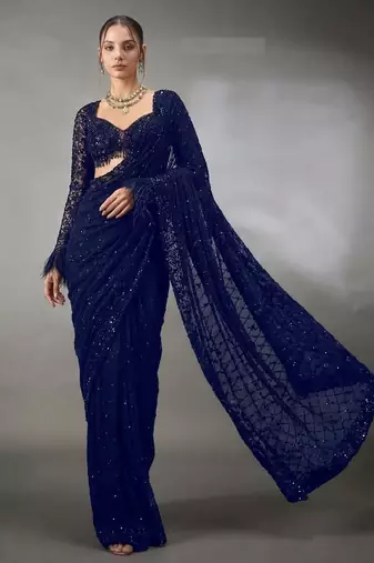 Neavy Blue Color Sequins And Embroidery work Georgette Saree