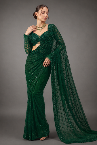 Green Color Sequins And Embroidery work Georgette Saree