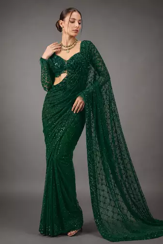 Green Color Sequins And Embroidery work Georgette Saree