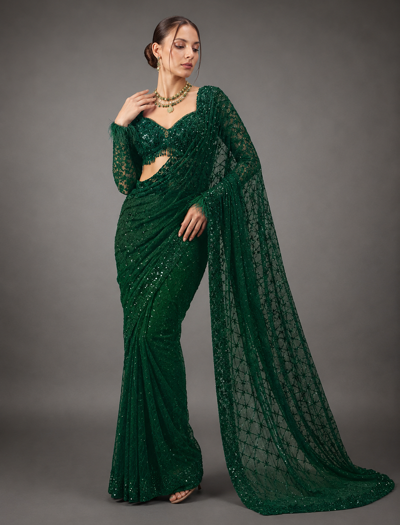 Green Color Sequins And Embroidery work Georgette Saree