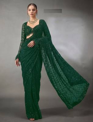 Green Color Sequins And Embroidery work Georgette Saree 2