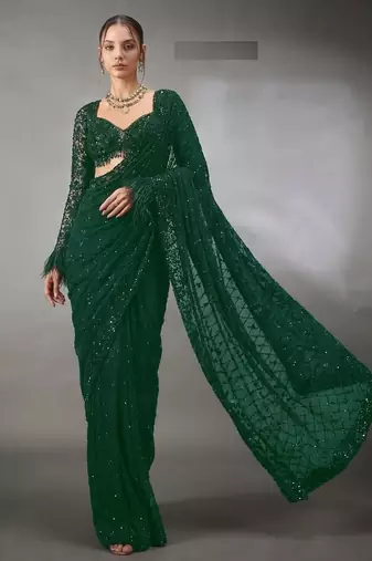 Green Color Sequins And Embroidery work Georgette Saree