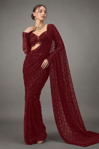 Maroon Color Sequins And Embroidery work Georgette Saree