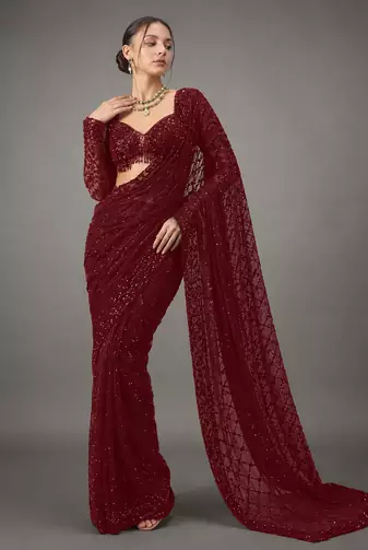 Maroon Color Sequins And Embroidery work Georgette Saree