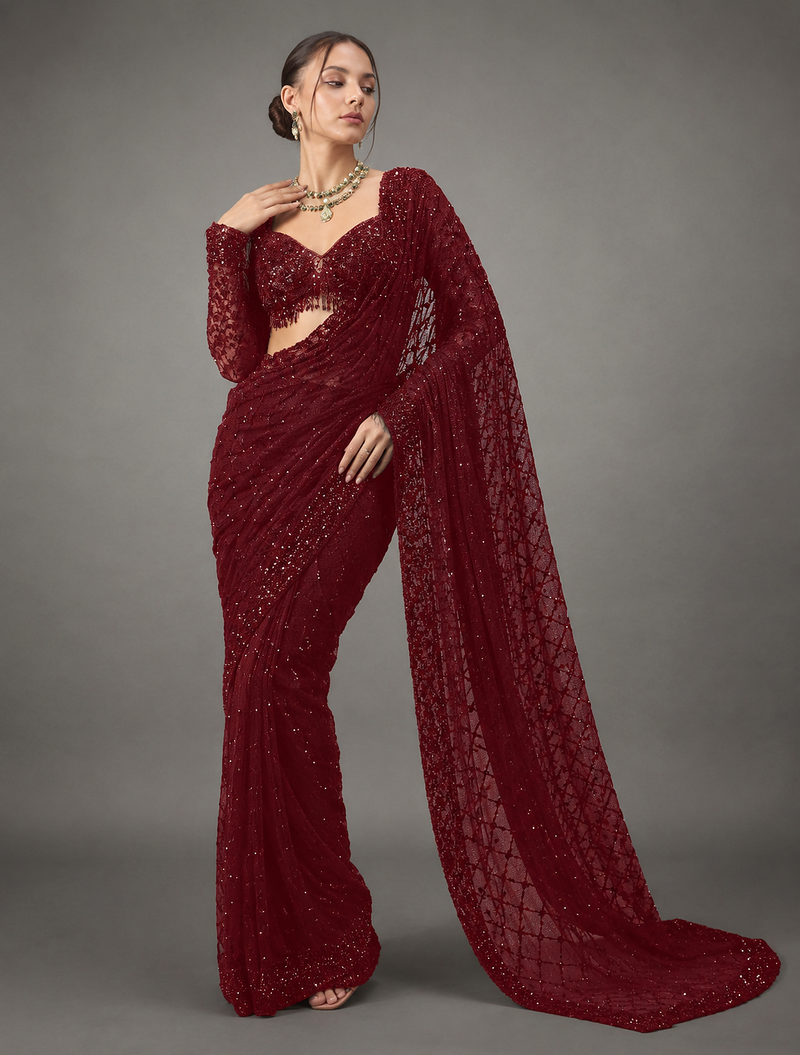 Maroon Color Sequins And Embroidery work Georgette Saree