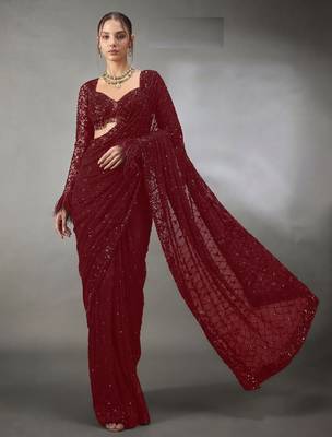 Maroon Color Sequins And Embroidery work Georgette Saree 2