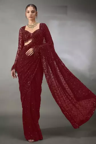Maroon Color Sequins And Embroidery work Georgette Saree