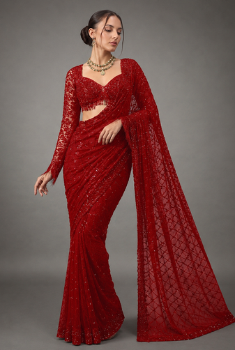 Red Color Sequins And Embroidery work Georgette Saree