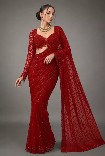 Red Color Sequins And Embroidery work Georgette Saree