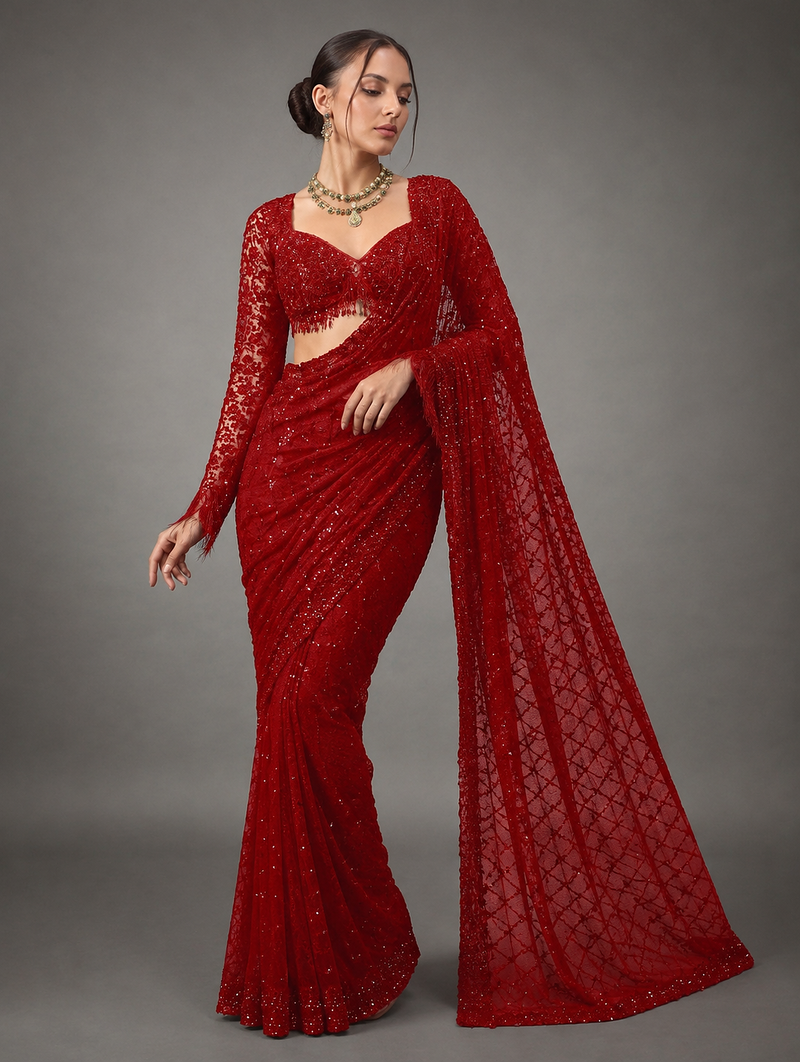 Red Color Sequins And Embroidery work Georgette Saree