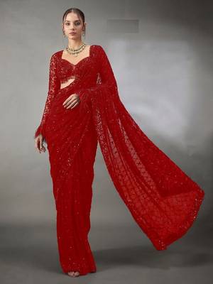Red Color Sequins And Embroidery work Georgette Saree 2