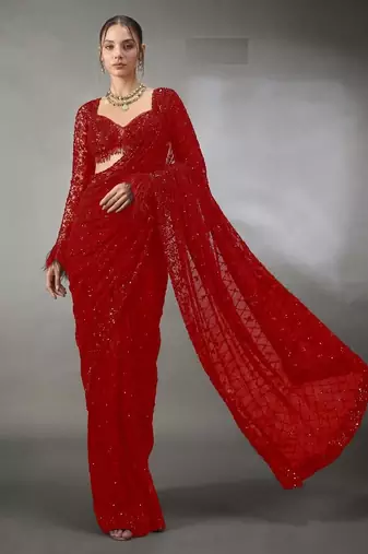 Red Color Sequins And Embroidery work Georgette Saree