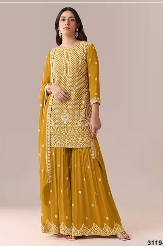 Mustard georgette semi stitched wedding suits