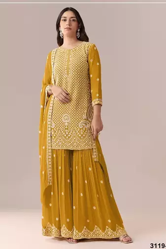 Mustard georgette semi stitched wedding suits