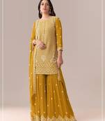 Mustard georgette semi stitched wedding suits