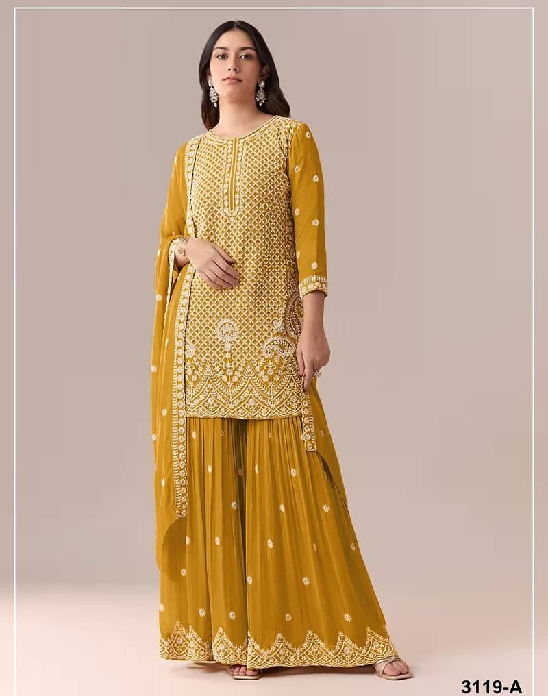 Mustard georgette semi stitched wedding suits