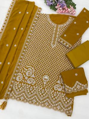 Mustard georgette semi stitched wedding suits 2