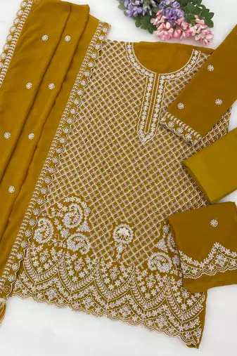 Mustard georgette semi stitched wedding suits