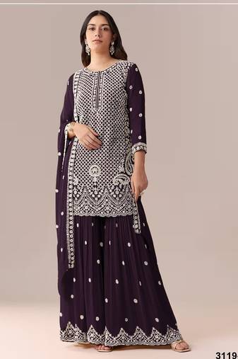 Wine georgette semi stitched wedding suits
