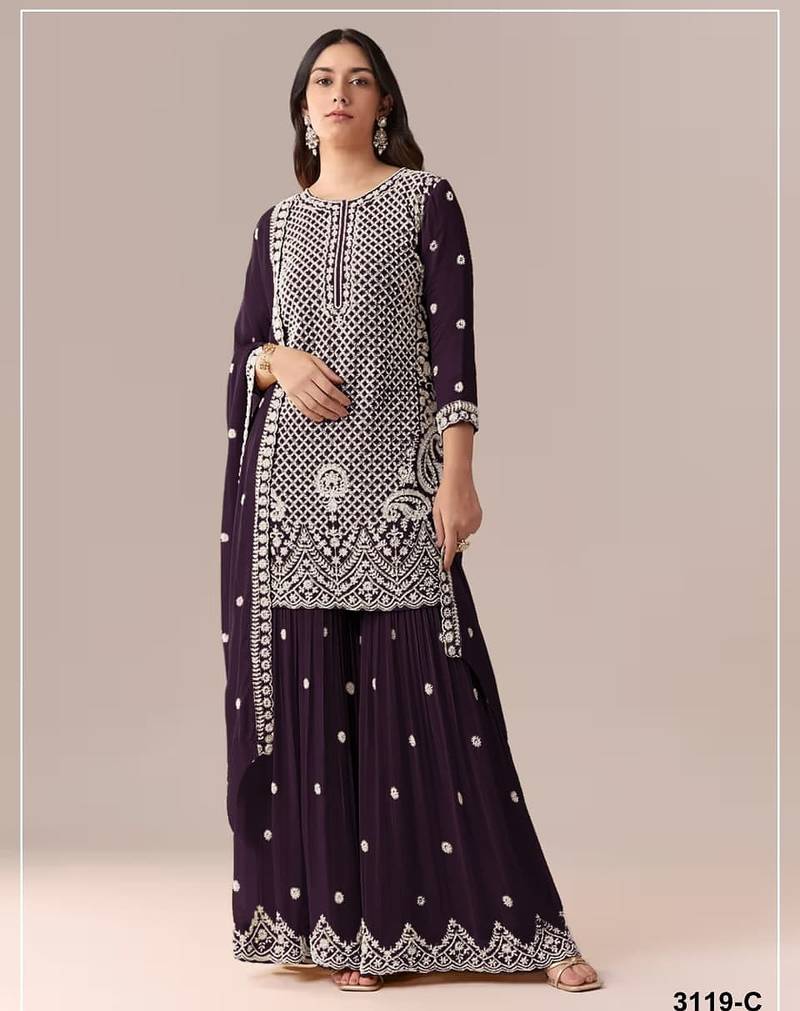 Wine georgette semi stitched wedding suits