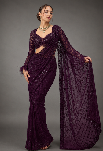 Wine Color Sequins And Embroidery work Georgette Saree