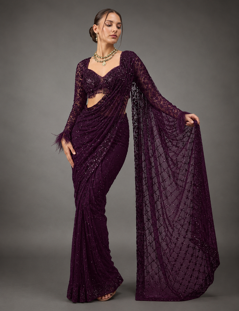 Wine Color Sequins And Embroidery work Georgette Saree