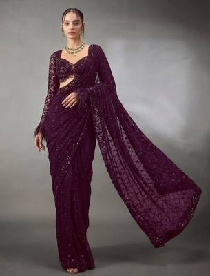 Wine Color Sequins And Embroidery work Georgette Saree 2