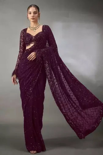 Wine Color Sequins And Embroidery work Georgette Saree