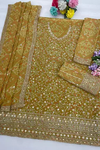 Lemon green georgette semi stitched wedding suits