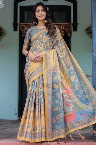 Blue colour ready to wear saree with unstitched blouse