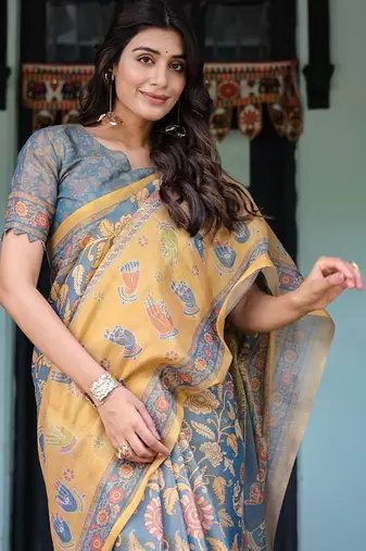 Blue colour ready to wear saree with unstitched blouse