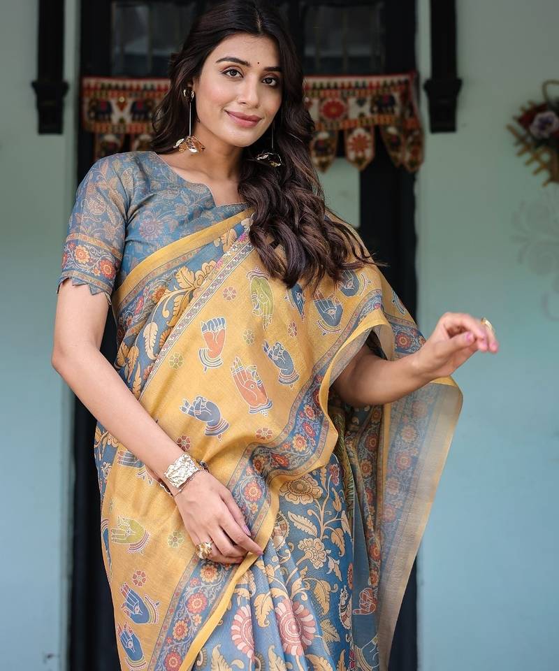 Blue colour ready to wear saree with unstitched blouse