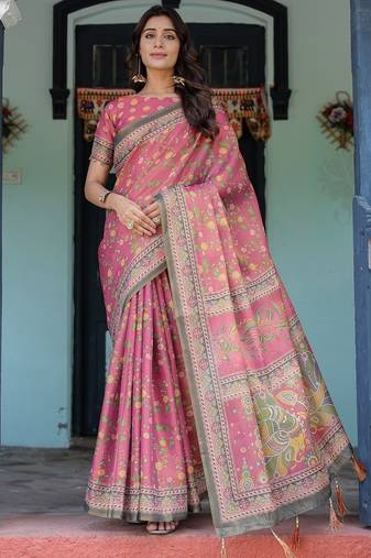 Rose colour ready to wear saree with unstitched blouse