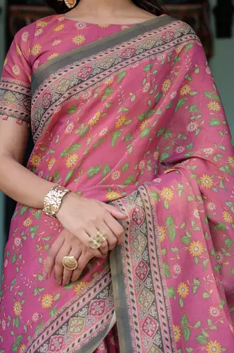 Rose colour ready to wear saree with unstitched blouse