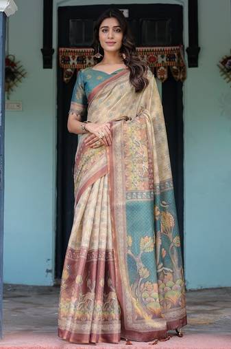 Teal colour ready to wear saree with unstitched blouse