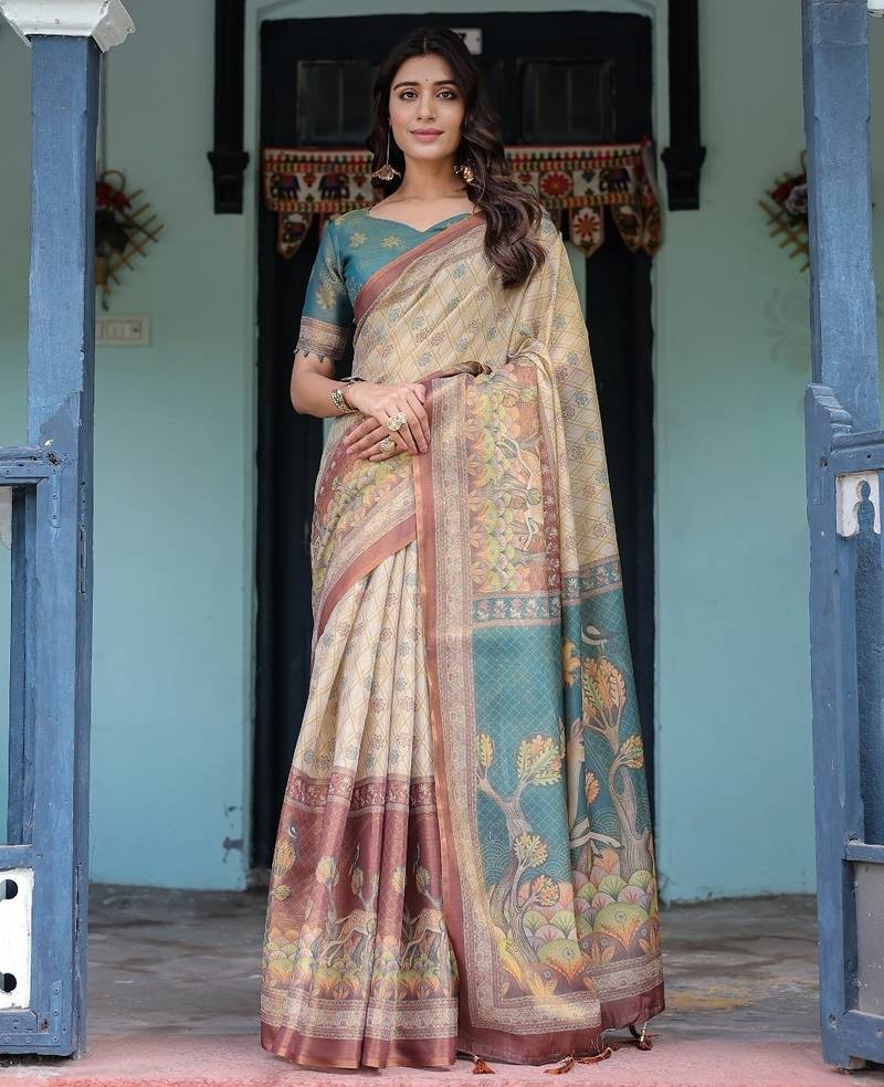 Teal colour ready to wear saree with unstitched blouse