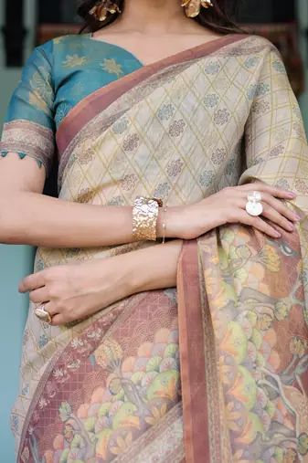 Teal colour ready to wear saree with unstitched blouse