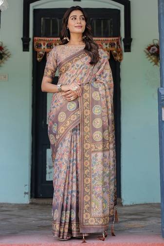 Mauve colour ready to wear saree with unstitched blouse